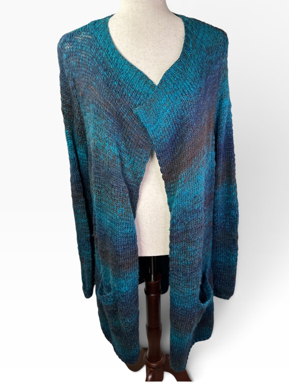 Lucky Brand Teal Blue Ombre Open Front Long Cardigan Sweater L
